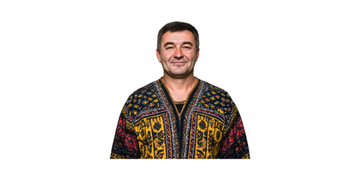 Smiling Man In Colorful Traditional Attire. Cultural Heritage And Fashion Expression Isolated On Transparent Background