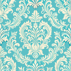 Elegant Vintage Floral Damask Seamless Pattern on Aqua Blue Background
