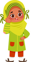 Smiling Girl in Green Hijab with Finger Raised, Cartoon Illustration