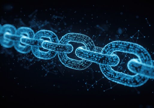 Digital chain illustration with binary code pattern on links in a dark background space