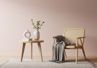 A cozy interior scene with a wooden chair table and decorative objects against a pink wall space