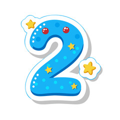 Number 2 in blue with stars and sparkles in cartoon sticker style