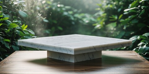 White Marble Display Platform on Table with Lush Green Foliage Background.