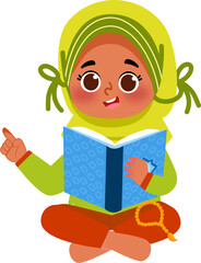 Joyful Girl in Hijab Reading and Pointing, Illustrated