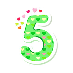 Green cartoon number 5 with heart pattern and pink accents