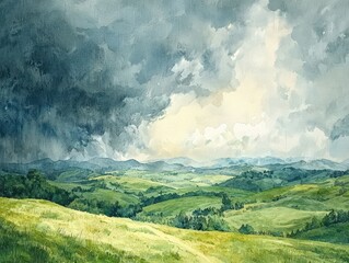 Dramatic Thunderstorm Over Rolling Hills with Moody Atmosphere and Watercolor Effects Capturing Nature's Beauty and Intensity in Landscape Art