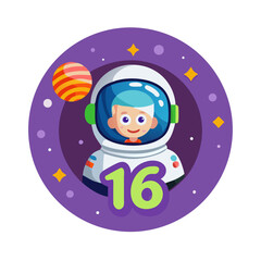 Cartoon astronaut with number 16 and stars in space-themed vector badge