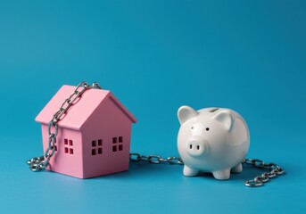 Pink house and white piggy bank chained together on a blue background representing mortgage debt