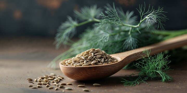 Fennel seeds in wooden spoon with fresh dill on dark background culinary herb aromatic spice ingredient