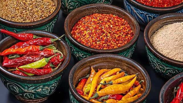 Vibrant collection of spices and chili peppers in ornate bowls.  A feast for the eyes and the senses.