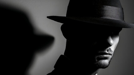 mysterious man wearing wide brimmed hat casts shadow on wall, evoking film noir aesthetic with dramatic lighting and partial face concealment