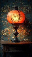 Vintage Lamp Mobile Wallpaper Intricately Painted Orange Shade on Dark Wooden Table Floral Blue Wall | HD Classic Design