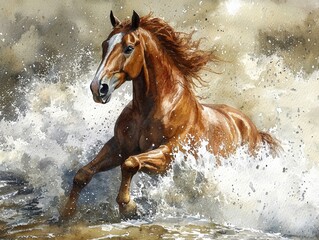 Majestic Horse Running Through Crashing Waves in Artistic Watercolor Style Featuring Dramatic Splash and Movement