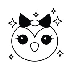 kawaii owl head with a bow on top and sparkling eyes