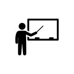 Teacher Pointing at Chalkboard with a Stick in Stick Figure Style Icon