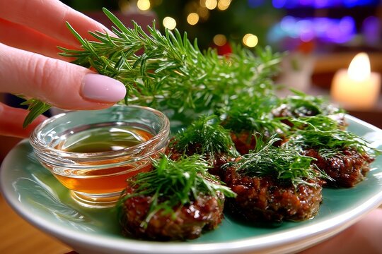 Chef presenta un plato decorado con hierbas frescas y una salsa en una velada gastron&oacute;mica