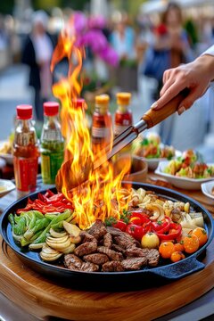 Hombre en uniforme flameando un plato exquisito en el centro de una vibrante cocina al aire libre