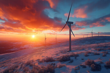 Wind Turbines on a Winter Hill During Sunset