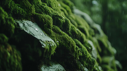 Moss covered stone wall with dewdrops glistening in serene forest setting, evoking sense of tranquility and connection to nature