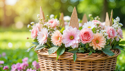Flower-themed tiara in wicker basket surrounded by pastel blooms, Nature's Crown