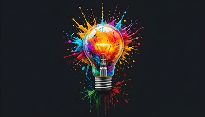Exploding Light Bulb with Colorful Paint Splashes on Black Background for Creative Idea Concept
