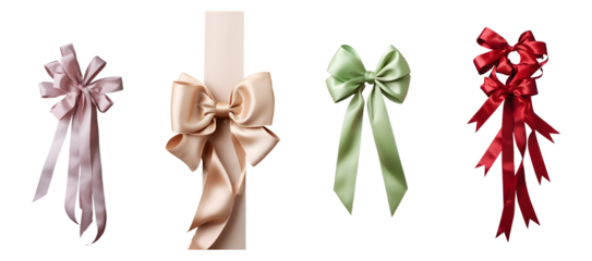 Four elegant satin bows in different colors are arranged on a transparent background creating a festive mood for gift wrapping