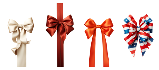 Variety of holiday ribbons and bows on a transparent background for gifts and decorations with american flag theme bow