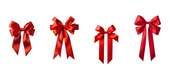 Set of four elegant red satin bows for gift wrapping celebrations and decorations isolated on transparent background