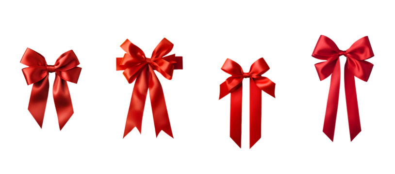 Set of four elegant red satin bows for gift wrapping celebrations and decorations isolated on transparent background