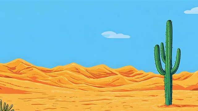 Desert landscape animation featuring a tall cactus against a bright blue sky and rolling sand dunes. Perfect for backgrounds, posters, or children's books.