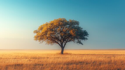 Obraz premium Lonely tree in golden field at dawn