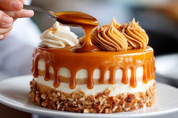 Chef prepara un delicioso postre mientras añade crema y caramelo a un pastel en una cocina