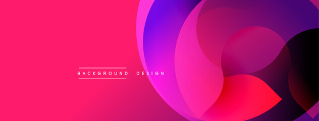 Abstract vibrant background. Overlapping circular shapes create dynamic visual flow. Gradient colors range from pinks to purples, offering modern aesthetic. Smooth transitions, clean design.