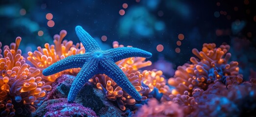 Vibrant blue starfish among colorful coral reef with glowing anemones
