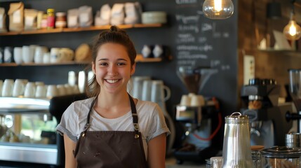 Cheerful young woman barista wearing apron standing in coffee shop and looking at camera. Small business owner.