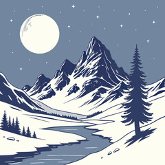 Fototapeta premium Winter Landscape With Mountains Serene Snowy Peaks Under Moonlight – Peaceful Winter Mountain Landscape Vector Art