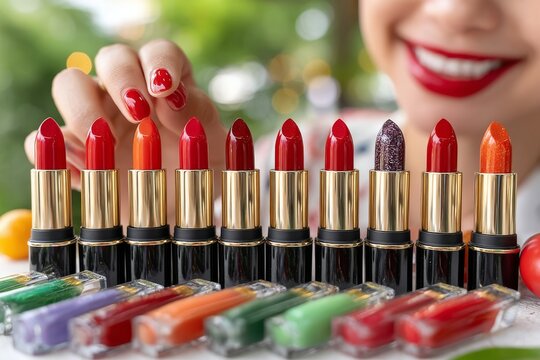 Mujer prueba nuevos labiales en tienda de cosm&eacute;ticos durante una jornada de compras colorida y divertida