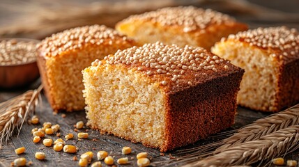 Cornbread slices on wooden table