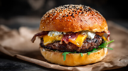 gourmet burger with sesame seed bun, juicy beef patty, melted cheese, crispy bacon, fresh arugula, and creamy sauce, served on brown parchment paper for rustic presentation