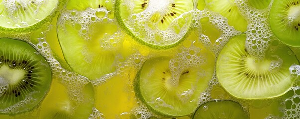 Fresh kiwi slices submerged in sparkling water with bubbles and vibrant colors