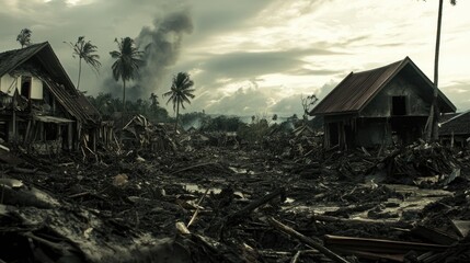 Devastated village after a natural disaster.  Damaged homes, debris, and smoke fill the scene