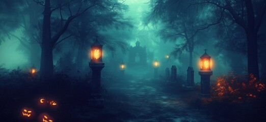 Mysterious foggy graveyard with glowing lanterns and Halloween decorations