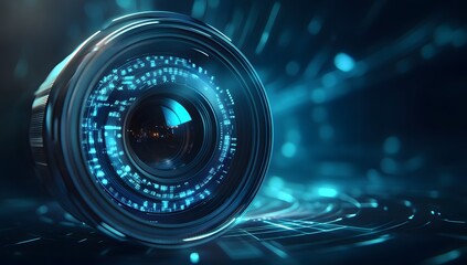 Camera lens with blue glowing digital patterns on a dark reflective surface.