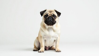 Obraz premium Adorable pug dog sits alone against white backdrop, small dog, calm