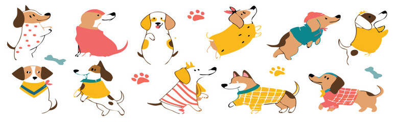 Fototapeta premium Cute Cartoon Cats and Dog Playing in Park with Toys and Paw Prints – Fun Animal Friends Clipart for Kids and Pet Designs. Cute Cartoon Dogs and Animals Celebration Set – Pet Care, Friendship.