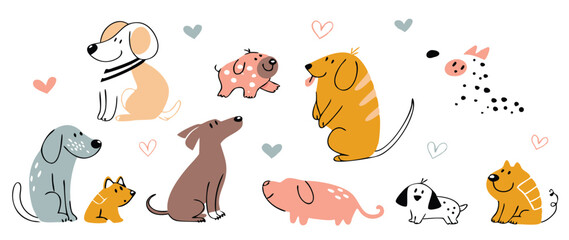 Cute Cartoon Cats and Dog Playing in Park with Toys and Paw Prints &ndash; Fun Animal Friends Clipart for Kids and Pet Designs. Cute Cartoon Dogs and Animals Celebration Set &ndash; Pet Care, Friendship.