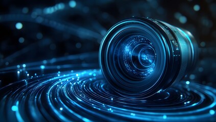 Camera lens with blue light effects and abstract background.