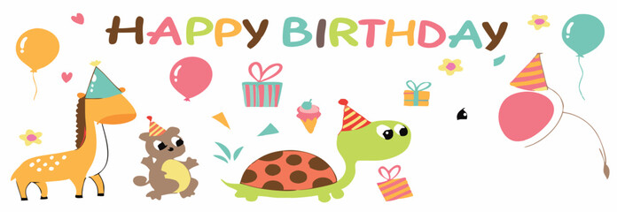 Cute Animal Birthday Party Illustration – Cartoon Elephant, Monkey, Giraffe and Turtle with Balloons, Cake and Gifts.