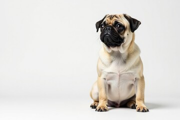 Adorable pug dog sits alone against white background , portrait, fluffy, studio