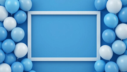A bright, festive blue background with white and blue balloons surrounding a central frame, Mother's day background